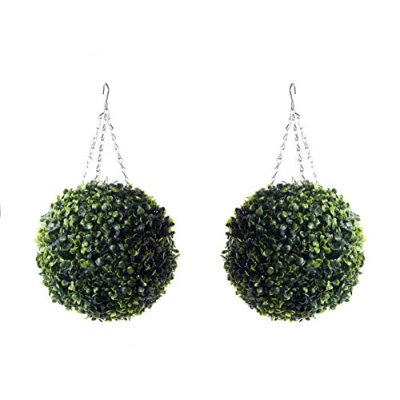 Image of Best Artificial Pair of 28cm Green Boxwood Buxus Grass Hanging Topiary Balls