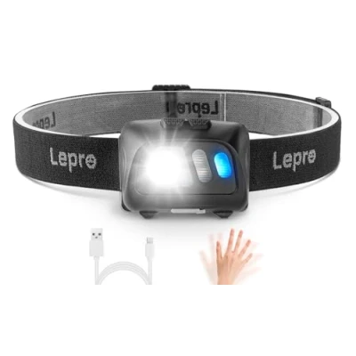 Image of Lepro Head Torch, Super Bright Led Rechargeable Headlamp with Motion Sensor, Long Runtime, 5 Lighting Modes, Red Warning Lights, Waterproof Lightweight Headlight for Running Camping