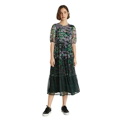 Image of Desigual Perugia Watercolour Floral Mesh Floaty Midi Dress Style 21WWVK53 Green
