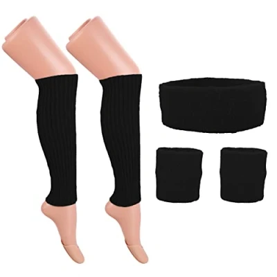 Image of Jomnvo 80s Costumes Accessories Women Fancy Dress Set Leg Warmers Knit Neon Headband Wristbands for 1980s Party Outfit Retro Décor (Black)