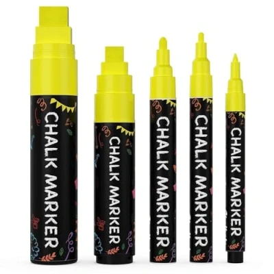 Image of 5 Yellow Chalkboard Chalk Pens Dry Erase Markers for Blackboard, Signs, Windows, Glass Variety Pack Fine &amp; Jumbo Size Ink Pen (1mm, 3mm, 6mm, 10mm, 15mm)
