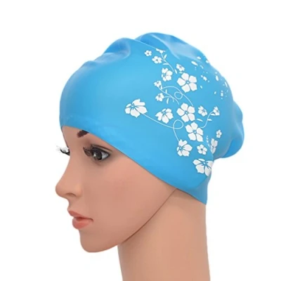 Image of Medifier Women Ladies Elastic Silicone Water Pool Swimming Hat Cap Ear Wrap for Long Hair Adults Sakura Print (Sky Blue)