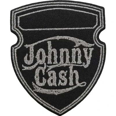 Image of Johnny Cash Patch Metallic Shield Official Black Woven Iron On 76 x 92mm Accessory Size