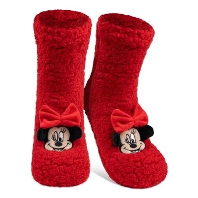 Image of Disney Minnie Mouse Hut Socks Fluffy Sherpa House with Bow for Women Cuddly Winter Warm One Size red, 6/9.5 UK