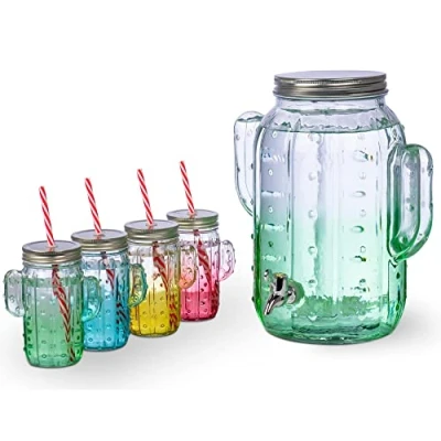 Image of Bar@drinkstuff Cactus Drink Dispenser (8L) with Mason Jars (160z) Set, DS59478, Set of 5