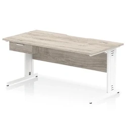 Image of Impulse 1600 x 800mm Scalloped Edge Office Desk Grey Oak Top White Cable Managed Leg Workstation 1 Drawer Fixed Pedestal