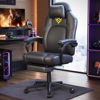 Image of SONGMICS HOME Gaming Chair, Ergonomic Computer Chair with Footrest, Video Game Headrest, Synthetic Leather, Adjustable Height, Ink Black OBG072B02