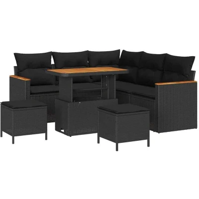 Image of vidaXL 8 Piece Garden Sofa Set with Cushions Black Poly Rattan Acacia