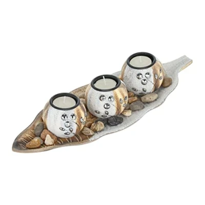 Image of Relaxdays Tealight, 3 Candle Holders, Leaf Tray &amp; Stones, Table Centrepiece, Lounge Dining Room, Brown/White, 90% fibreboard 10%, 7 x 38 14 cm