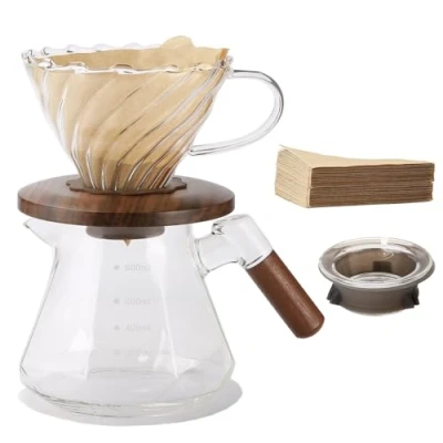 Image of Lalord Pour Over Coffee Maker, 600 ml Borosilicate Glass Set with 100 pcs Size 02 Paper Filter, Walnut Collar &amp; Lid, Drip 1 3 Cups, Clear