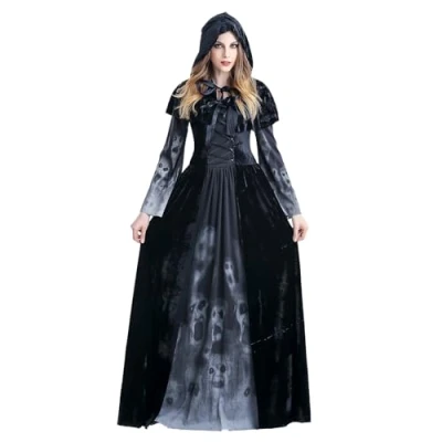 Image of Black Witch Costume Women for Halloween,Wicked Vampire Sorceress Hooded Ladies Fancy Dress Cosplay Halloween Party Outfit Adult(L)
