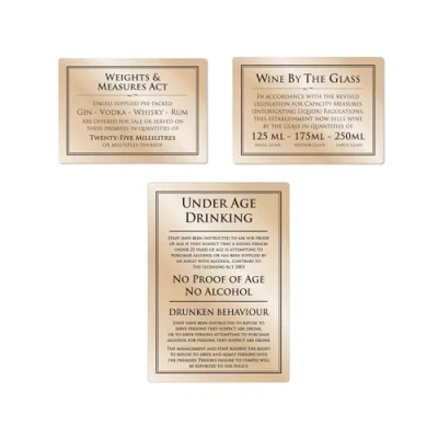 Image of Mileta Weights &amp; Measures Act 25ml Sign Wine by the Glass 125ml 175ml 250ml Under Age Law Black Pack of 3 Signs