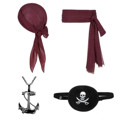 Image of FUIPVGI 4 Pcs Pirate Captain Costume Accessories,Pirate Bandana and Sash Belt,Eye Patch Anchor Pendant Chain,Renaissance Costume,Pirate Accessories for Halloween Party (Wine Red)
