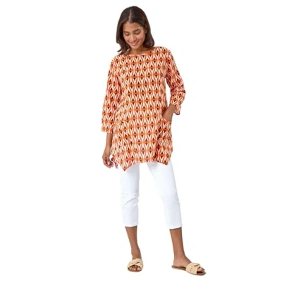 Image of Roman Originals Geometric Pocket Detail Longline Cotton Top for Women UK Ladies Everyday Holiday Spring Summer Round Neckline Comfy Soft Evening Vacation Work Party Orange Size 18