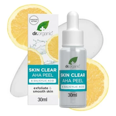 Image of Dr Organic Skin Clear AHA Peel with Fruit Acids, Exfoliating Serum, Acne, Scars, Anti Blemish, Natural Brightening, Vegan, Cruelty Free, Paraben &amp; SLS Organic, 30ml