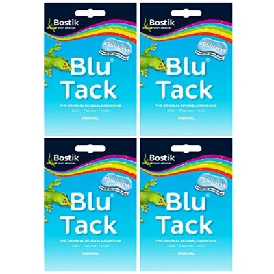 Image of Adhesive BLU TACK Original Bostik Reusable Sticky Blue Home School Office Walls Hacks NO Marks Safe Craft Art Clean Handy, Alternative to Pins &amp; Tape, DIY Strong Hold Stretching (4 x Packs TACK)