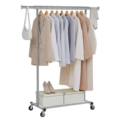 Image of SONGMICS Clothes Rack on Wheels, Heavy Duty Rail, with Extendable Hanging 90 kg Load Capacity, Easy Assembly, Portable, Dove Grey HSR013G01