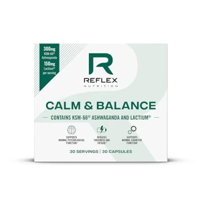 Image of Reflex Nutrition Calm and Balance Ashwagandha KSM 66, Folate, Lactium Zinc Blend Stress Anxiety Relief for Adults, Cortisol Reducing Supplement, Support Mood, Emotional State (30 Capsules)