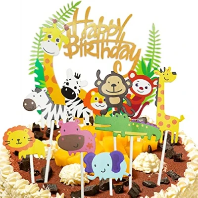 Image of 15 Pcs Animal Birthday Cake Toppers Decorations,Cupcake for Decorations Including 2 x Zebra, Elephant, Lion, Monkey, Hippo, Giraffe, Crocodile
