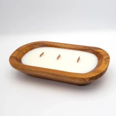 Image of Wooden Bowl Candle 3 Wick Toasted Coconut Scented Soy Wax Hand Poured 100% Biodegradable