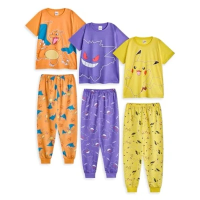 Image of Pokemon Girls Pyjama Set Kids Pikachu Gengar &amp; Charizard Graphic Short Sleeve Top Long Leg PJ Bottoms in Yellow Purple Orange Childrens Pocket Monster Character All Over Print Nightwear