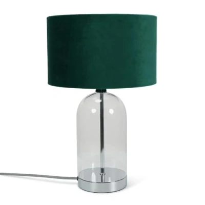 Image of Glass and Silver Chrome Metal Bedside Table Lamp with a Forest Green Velvet Lampshade Living Room Bedroom Light + LED Bulb
