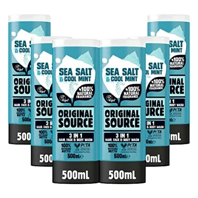 Image of Original Source Mens 3in1 Sea Salt &amp; Cool Mint Shower Gel, 100 Percent Natural Fragrance, Vegan, Cruelty Free, Paraben Bulk Buy, Pack of 6 x 500 ml