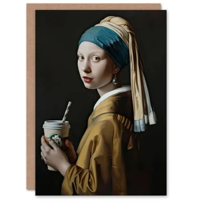Image of Artery8 Greeting Card Girl With Pearl Earring Coffee Remake Painting Blank For Him Or Her Art Birthday