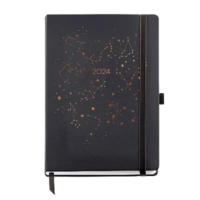 Image of Miquelrius Annual Diary 2024, Week to View, Plus Size 155 x 213 mm (similar A5), Hard Cover, Sewn, Elastic Closure, Spanish, English and Portuguese, Constellation with Copper Stamping