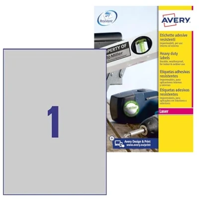 Image of Avery L6013 20 Extra Strong Adhesive Silver Heavy Duty Labels, 1 Label Per A4 Sheet, 210 x 297