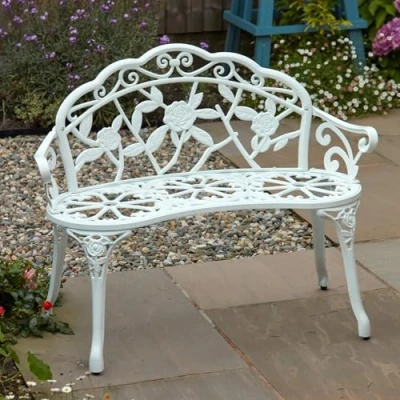 Image of Home Source Cast Iron Garden Bench Metal Frame Patio Chair Outdoor Seating, White, 2 Seater
