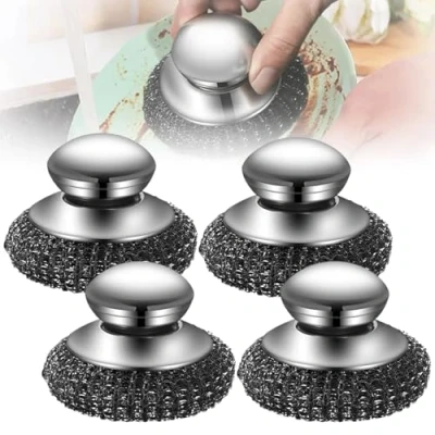 Image of 4Pcs Stainless Steel Wool Scrubber with Handle, Portable Scourer Brush for Cleaning Dishes, Handheld Kitchen Dish Scrubbers Metal Scouring Pads Frying Pans Wash Sink