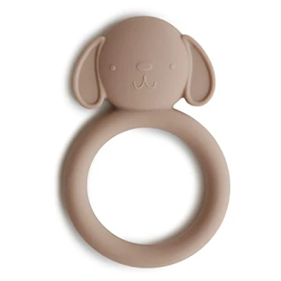 Image of Mushie Silicone Baby Teether Shapes 3+ Months Easy Grip Soft Soothing Teething Toy Irritated Gum Relief Material: Food Grade Dog (Brown)