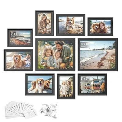 Image of SONGMICS Picture Frames with 16 Mats, Set of 10, Photo Two 8x10, Four 5x7, 4x6 Frames, Hanging or Tabletop Display, MDF and Glass, 12 Non Trace Nails, Ash Black RPF049B01