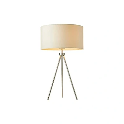 Image of Quatro Modern Silver Chrome Tripod Switched Table Desk Lamp with an Ivory Fabric Cylinder Light Shade