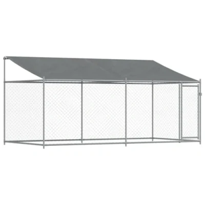 Image of vidaXL Galvanised Steel Dog Cage Grey Outdoor Kennel Crate with Roof, 4x2m Mesh Design, Lockable Door for Security