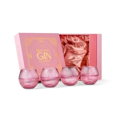 Image of Art Deco Blush Pink Gin and Tonic Balloon Glasses Set of 4 400 ml Stemless Crystal Copas for Drinking Cocktails Vintage Gift Goblets Lovers Bubble Cups Bar Drinks