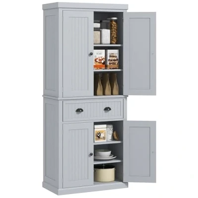 Image of HOMCOM 183cm Freestanding Kitchen Cupboard, Tall Storage Cabinet with 4 Doors and 3 Adjustable Shelves, Traditional Pantry Cupboard for Dining Room, Grey