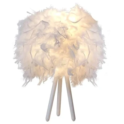 Image of White Feather Table Lamp Bedside with Metal Triptych Support Rod Light Desk Lampshade for Bedroom, Living Room, Home Decoration