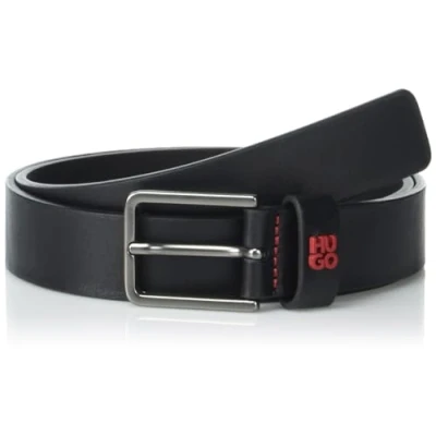 Image of HUGO Men&#039;s Stacked Logo Thin Buckle Leather Belt, Black Pepper, 30