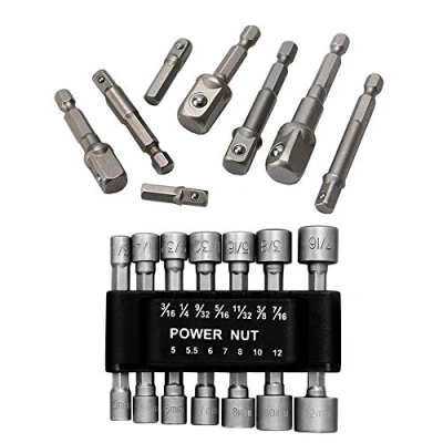 Image of Copechilla 8pcs Hex Shank to Square Socket Drill Adapter Extension and 14pcs Nut Driver Set Impact Bits 1/4&#039;&#039;Hex 5 12mm 3/16 to7/16