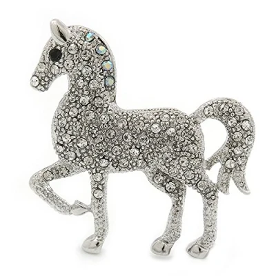 Image of Avalaya Small Rhodium Plated Pave Set Clear Crystal &#039;Horse&#039; Brooch 35mm Across