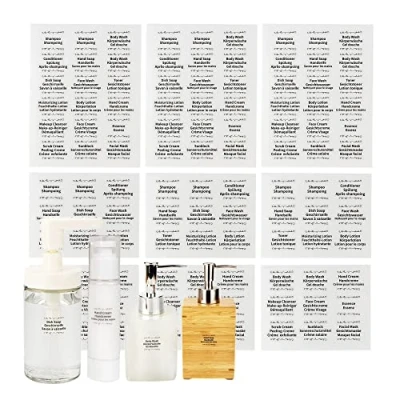Image of 108 PCS Waterproof Black Script Bathroom Labels Sticker for Containers Bottles Farmhouse Organizing including Hand Soap Face Wash Dispenser Lotion Shampoo Conditioner Supplies EN/DE/FR Languages