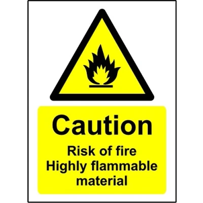 Image of Warning signs Caution risk of fire highly flammable material Safety sign Self adhesive sticker 200mm x 150mm