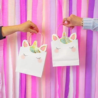 Image of Talking Tables Pack of 6 Pink Unicorn Party Bags for Kids with Handles, Ears and Horn Sweets, Treats, Loot, Gifts, Birthday, Paper, UNICORNPARTYBAG
