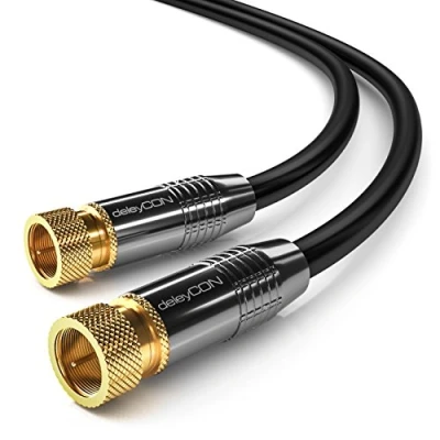 Image of deleyCON 1.5m (4.93 ft.) SAT Antenna Cable HD Satellite Coaxial for DVB S/S2 4K Ultra 1080p Full HDTV 2x F Connector Metal Black
