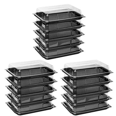 Image of Deli Supplies Pack of 15 Small Rectangle Food, Cake, Sandwich Platter Tray Set, Black Base With Clear Lid Durable Buffet Catering Food Trays (L340mm X W250mm D70mm Lids)