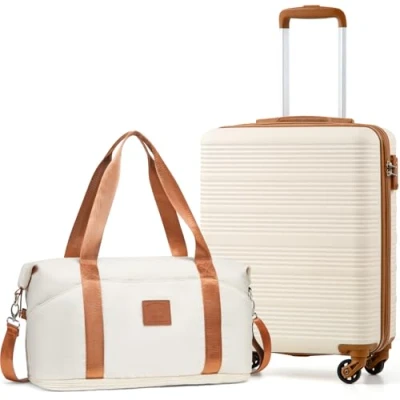 Image of COOLIFE Cabin Suitcase 55x40x20cm and Bag 25L(45x36x20cm) Set for EasyJet Airlines Carry on Hand Luggage Hard Shell Lightweight with TSA Lock (White/Brown, 2pcs)