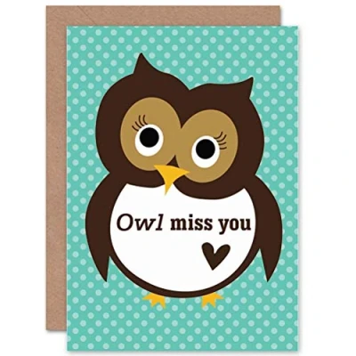 Image of Wee Blue Coo CARTOON OWL MISS YOU CUTE FUN ART GREETINGS GREETING CARD GIFT