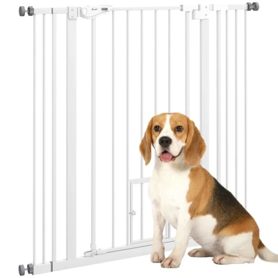 Image of PawHut Extra Tall Dog Gate with Cat Flap, Pet Safety for Doorways Stairs Auto Close Double Locking, 104 cm 74 101 Wide, White